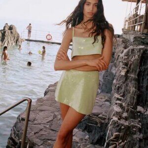 NWT Reformation Dream Two Piece in lime green sequins size 8